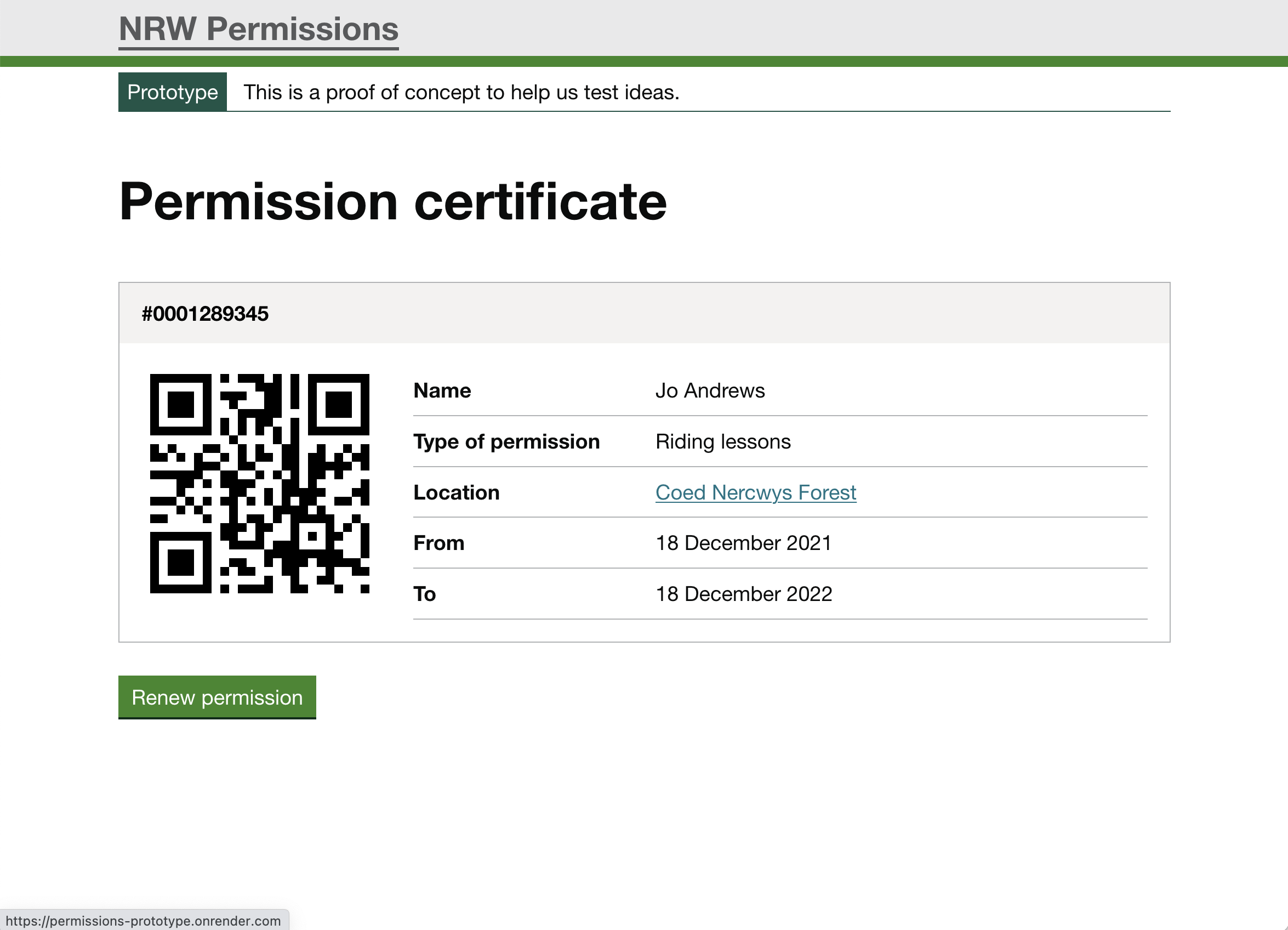 Permission certificate page