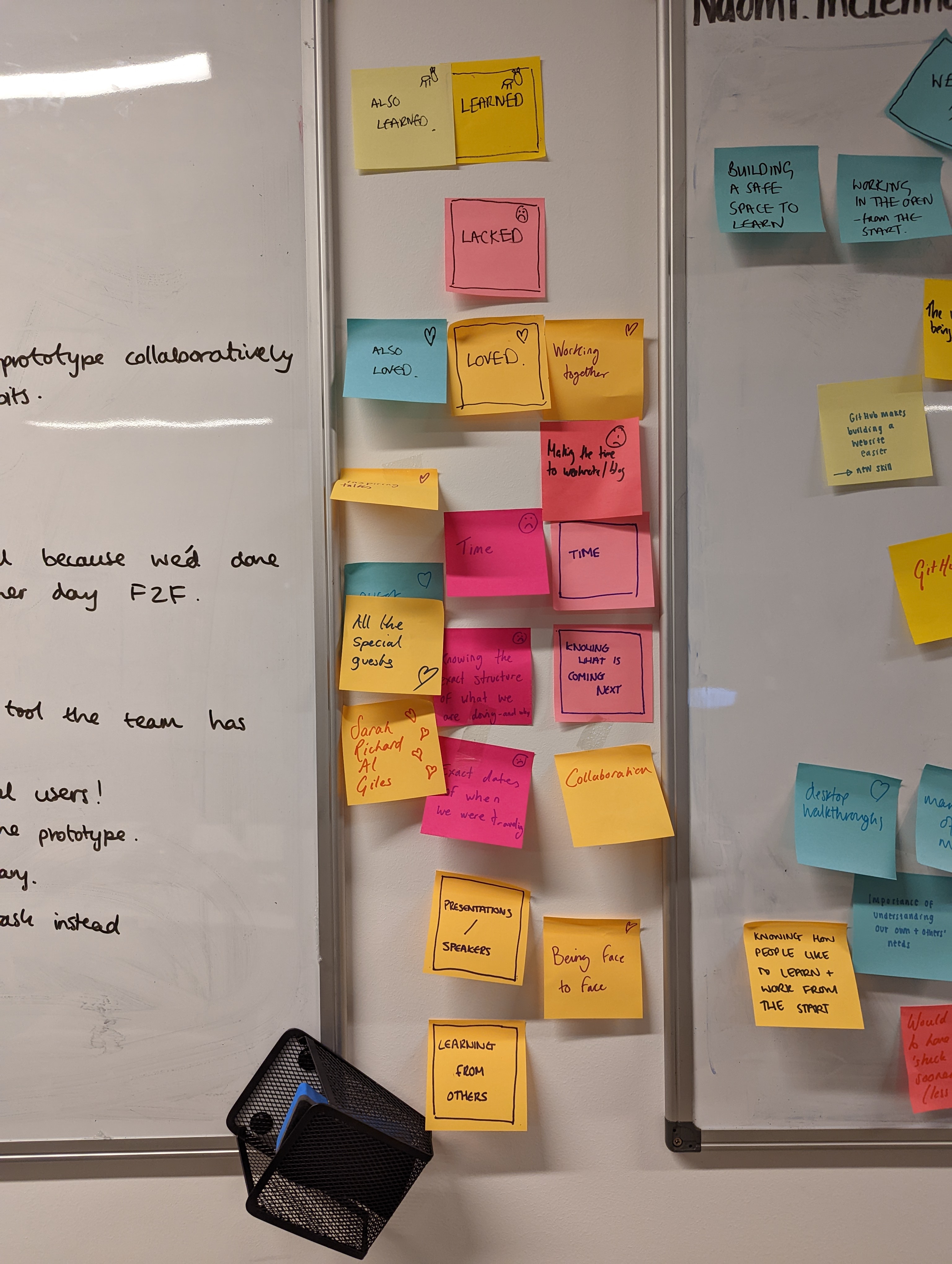 A photo of some of the post-it notes from the team’s retrospective